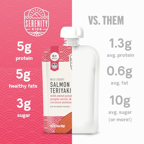 Image of Serenity Kids 6+ Months World Explorers Baby Food Pouches Puree Made With Ethically Sourced Meats & Organic Veggies | 3.5 Ounce BPA-Free Pouch | Salmon Teriyaki | 1 Count