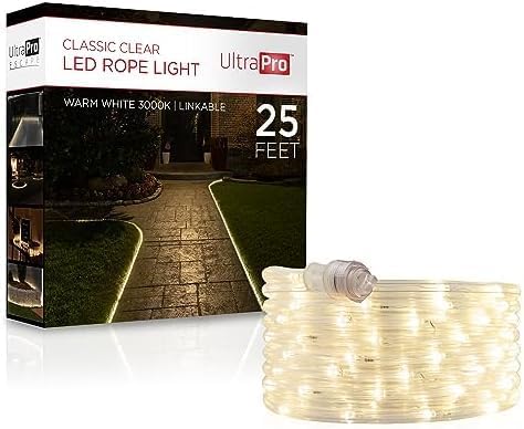UltraPro LED Rope Lights, 25ft Classic Clear, Warm White (3000K), Indoor/Outdoor, 6-pack