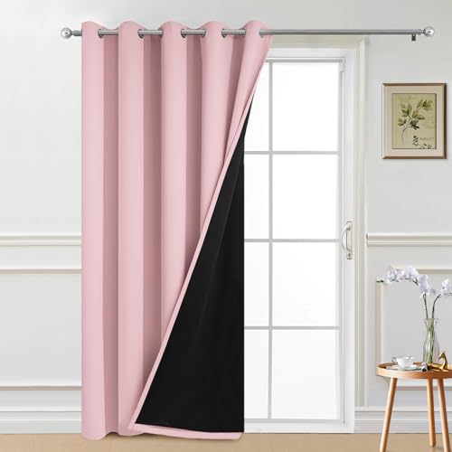 Image of Yakamok Pink 100% Blackout Patio Door Curtain Panels W70 x L84,1 Panel | Noise Reducing Barrier Panel for Sliding Glass Door, 2 Thick Layers Heat Full Light Blocking Patio Door Drapery