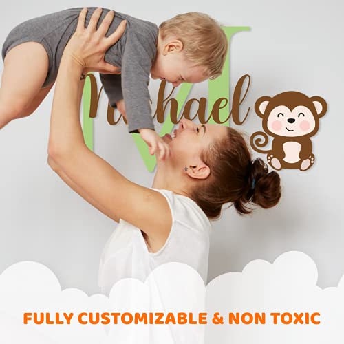Custom Name & Initial Jungle Baby Monkey - Baby Girl Or Boy - Nursery Wall Decal For Baby Room Decorations - Mural Wall Decal Sticker For Home Children's Bedroom (Egd-005) #TOP2