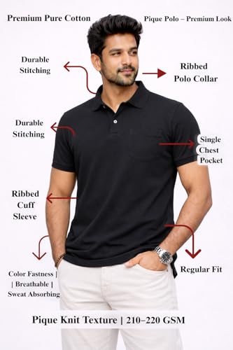 Image of Premium Pique Cotton Pocket Polo T-Shirt for Men | 210-220 GSM | Regular Fit | 2-Button Placket | Soft Breathable Fabric | XS-3XL