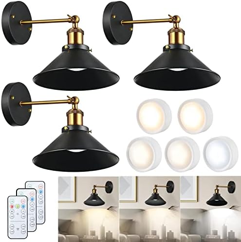 haultop 3 Pack Battery Operated Wall Sconce, Battery Operated Wall Lights, Dimmable Wall Sconces with Remote Control, Matte Black Battery Wall Sconce for Picture Collage, Stairway- No Need Hardwire