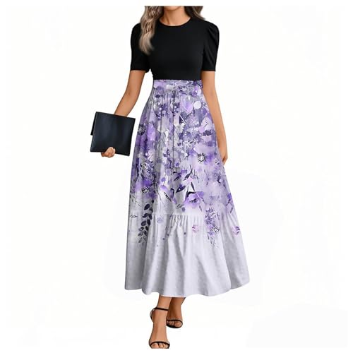 Femme Maxi Dress Cintrée de Plage Volants Fleurie Col Rond Elegant Soiree Pourpre Clair D'été de Soiree Manche Courte Robe Boheme Chic Mes Commandes Chic...