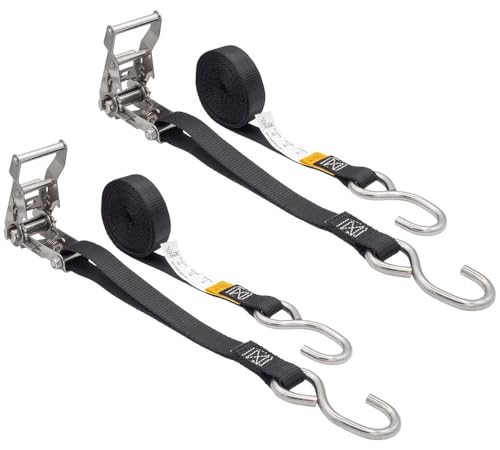 Mytee Products 2 Pack 1 x 10 Stainless Steel Ratchet Straps with S-Hooks 765 lbs Break Strength Marine Tie Down Straps Corrosion Resistant for Boats ATVs Trees Camping Saltwater Applications