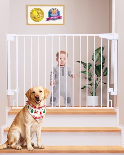 Cumbor 29.2–43' Baby Gate for Stairs, Wall-Mounted (Drill Required), Expandable No Bottom Bar Dog Gate, Auto Close Extra Wide Walk Thru, Pet & Toddler Proof Gate, Top & Bottom of Stairways (White)