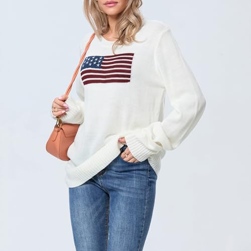 Image of Womens American Flag Sweater Long Sleeve Crew Neck Star Graphic Knit Pullover Tops Casual Loose USA Sweater