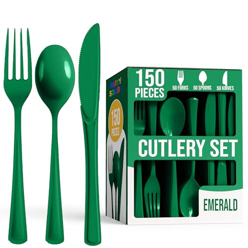 Party Solids Emerald Green Plastic Silverware Heavy Duty 150 Pieces Green Disposable Silverware Heavy Duty Utensil Sets 50 Of Each Forks Knives & Spoons Disposable Cutlery Set For Party Supplies