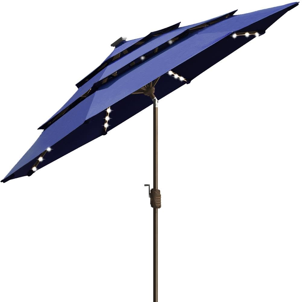 EliteShade USA 10-Year-Non-Fading Solar 9ft 3 Tiers Market Umbrella with 80 LED Lights Patio Umbrellas Outdoor Table with Ventilation,Navy Blue