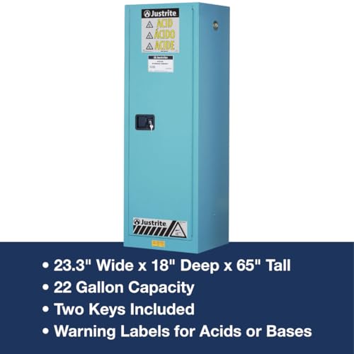 Image of Justrite Acid Corrosive Storage Cabinet - 22 Gallon 1 Door Slimline Self Close Chemical Storage Cabinet with Removable Polyethelene Trays - 18 inch x 65 inch x 23 inch - Made in The USA - Light Blue - 892222