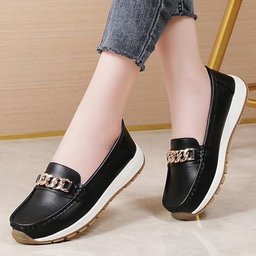 Qaywop Women's Leather Chain Loafers, Comfort Platform Moccasins, Slip-on Driving Shoes, Multiple Colors (Black, Adult, Women's, 8, Digital, US Shoe System, Medium (Medium)) by Qaywop - Used condition - Image 2