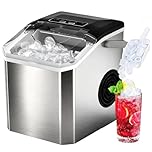 AIZYZYO Ice Maker Countertop, Portable Ice Maker Machine with Handle, 26lbs/24H, 9 Cubes in 6 Mins, 2 Sizes Bullet Ice, Self-Cleaning Ice Machine with Basket and Scoop, Silver
