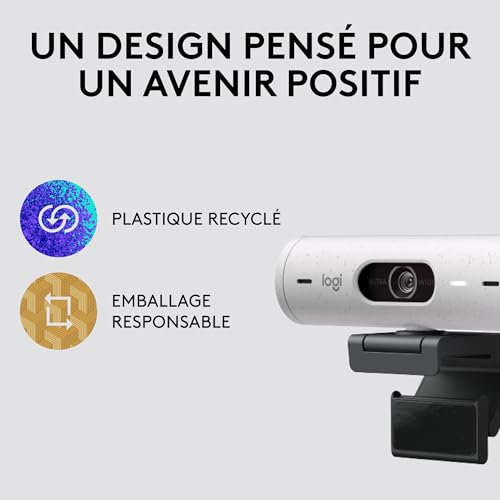 Logitech Brio 500 Webcam Streaming HD avec Expo Auto, Mode ’Show’, Deux Micros à Réduction de Bruit, Clapet Confidentiel, Compatible Microsoft Teams, Google Meet, Zoom, Câble USB-C - Blanc
