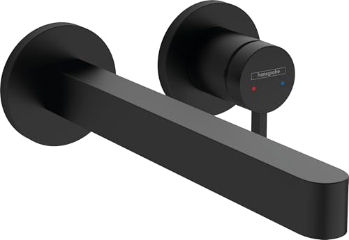 hansgrohe Waschtischarmatur Unterputz für Wandmontage Finoris, Wasserhahn Bad mit Ablaufgarnitur unverschließbar, Badarmatur wassersparend, Mattschwarz, Auslauflänge 228mm