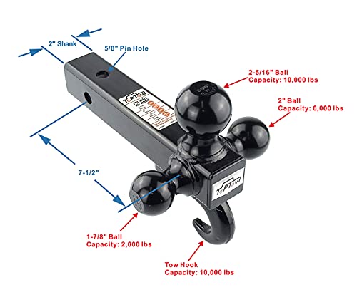 Toptow Trailer Tri Ball Hitch With Hook Black And Hitch Lock Class V #TOP3