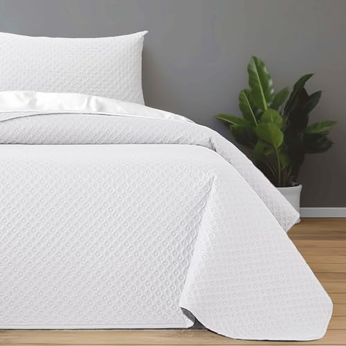 DALINA Textil - Colcha bouti para Verano y Entretiempo, Colcha para Cama 105-100% Poliester, Colcha Cubre Cama Fina, Suave, 200x265 Blanco con una Funda de Cojin 45x70cm