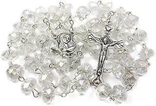Catholic Rosary White Clear Crystal Beads Necklace with Holy Soil Medal and Metal Cross Communion Rosary Nazareth Store Velvet Gift Bag