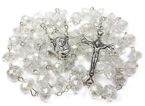 Tienda de Nazaret Rosario católico Collar de cuentas de cristal blanco transparente Medalla de suelo sagrado y Rosario de comunión cruzada de metal + Bolsa de regalo de terciopelo Cover