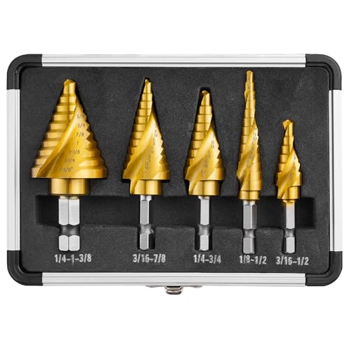 IRONANT Step Drill Bits, 5PCS Spiral Grooved HSS Titanium Step Drill Bit Set, 50 Sizes High Speed Steel Step Bits for Metal with Aluminum Case