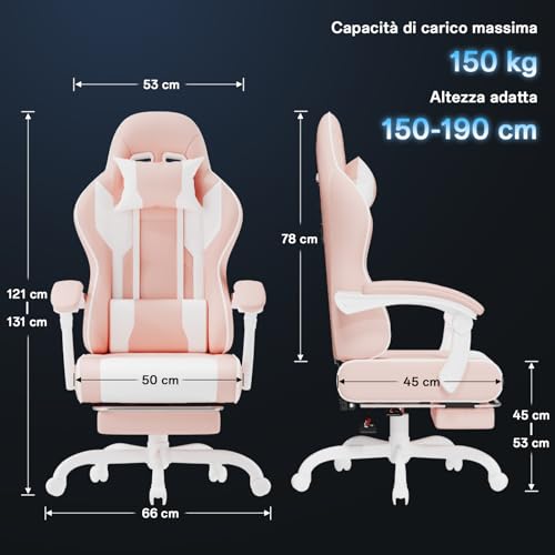 Sedia da gaming con poggiapiedi telescopico, schienale regolabile 90°-150°, sedia da gioco con poggiatesta e supporto lombare, sedia da ufficio, 150 kg (colore rosa) - Sedia gaming - Immagine 2