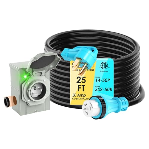 CircleRiver UL Listed 50 Amp 25FT Generator Cord and Power Inlet Box Combo Kit NEMA 14-50P Male to SS2-50R STW 6/3+8/1 AWG 125/250V Twist Locking with Inlet Box for Generator to House