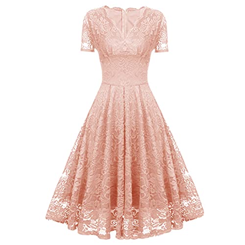 Foviguo Lace Dress For Women Wedding Guest Wave V-Neck Short Sleeve Empire Waist Elegant Cocktail Dresses, 01-Pink, Xx-Large #TOP2