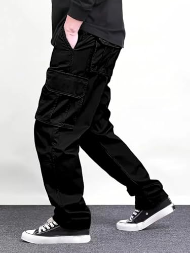 Image of Vogaan Casual Solid Men's Loose Fit Drawstring Cargo Pants with Multiple Pockets | Cotton Cargos for Men