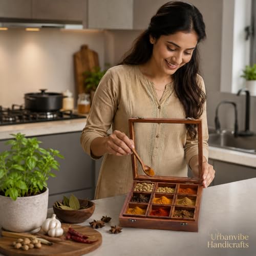 Image of Wooden Masala Box Spice Box with Glass Lid & Spoon, Sheesham Wood Masala Dabba Organizer, 9 Removable Compartments, Indian Spice Container, Kitchen Organizer, 120ml Each, Brown