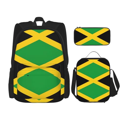 Jamaica Flag Print 3 Piece Set Backpack, Lunch Bag, Pencil Case, Cute Sturdy For College And Travel