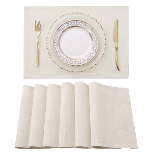 homing Cream Cloth Placemats Set of 6 – Cotton Linen Blend Washable Farmhouse Dining Table Mats for Indoors & Outdoors, Easy to Clean, 13 x 19 Inch