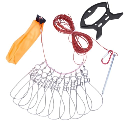Fishing Stringer Live Fish Lock Stainless Steel Fish Stringer Clip Big Fish Wire Rope Cable with Float Carabiner 10 PCS Fish Lock and Plastic Handle