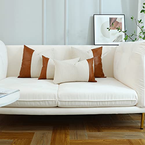 Throw Pillow Covers,Pillow Covers 18X18,Khaki Stripes Textured Cotton Faux Leather Stitching Square Farmhouse Pillow Covers Home Decorative For Sofa Couch Chair Bedroom Sets Of 2 #TOP6