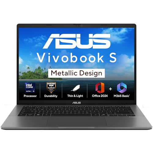 Image of ASUS Vivobook S14, Intel Core Ultra 5 225H, Intel iGPU,16GB RAM,512GB SSD,FHD+,14 inch,60Hz,Windows 11,M365 Basic (1Year)*,Office Home 2024,Matte Gray,1.4 Kg, S3407CA-LY057WS, Metallic Design Laptop