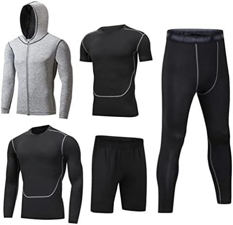 Baymate 5 Pcs Mens Running Gym Set, Fitness Workout Compression Underwear Set, Outwear+Base Layers Shirts+Loose Fitting Shorts+Compression Shirts+Compression Pants for Workout Training Running
