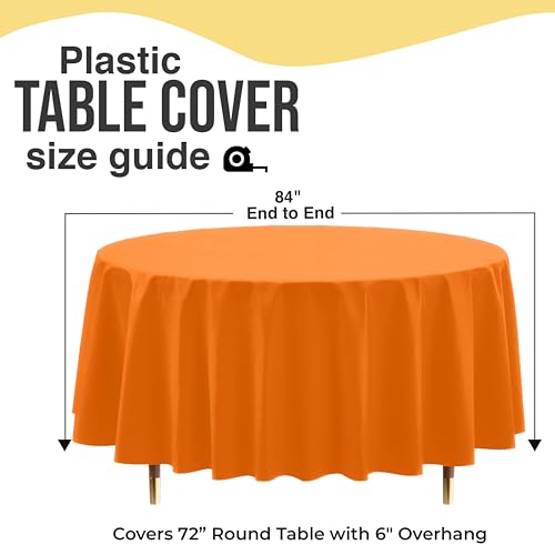 Image of Exquisite Orange Round Tablecloth 84 inch - 48 Pack | Plastic Tablecloth, Disposable Table Covers Round for Parties, Weddings, Holidays & Party Supplies