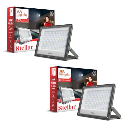 Image of Murphy Stellar 50W LED Flood Light with 2-Year Warranty | Cool White | High Brightness Outdoor LED for Security, Landscape, Warehouse, Backyard | IP66 Waterproof | BIS Approved - Pack of 2