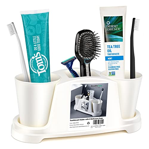 Porta cepillos de Dientes eléctrico con Orificio de Drenaje y 2 Vasos para cepillos de Dientes, Soporte de baño para cepillos de Dientes, Soporte para maquinillas de Afeitar para el baño, Blanco Cover
