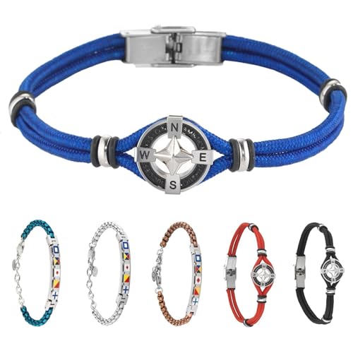 inSCINTILLE Bracelet Homme en Acier Inoxydable avec Symboles Nautiques Longueur Ajustable avec Boîte Cadeau Incluse (Rose des vents - Bleu)