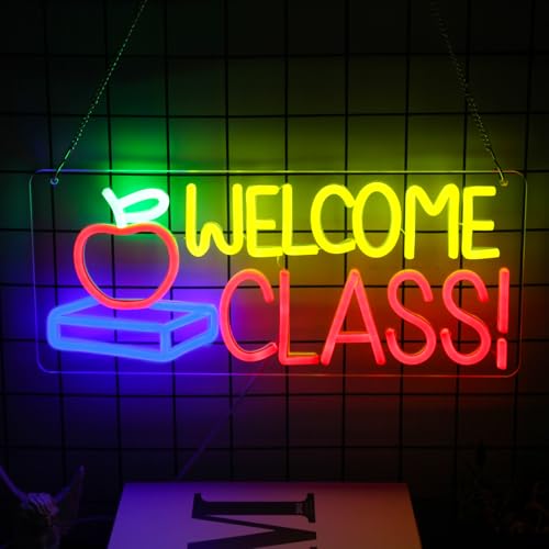 Image of Welcome Class Neon Sign Apple Book LED Sign Back to School Classroom Decor | Dimmable Light Up Signs, Student Classroom Neon Light, Colorful Wall Sign, Acrylic Night Light, School Opens Party Decoration