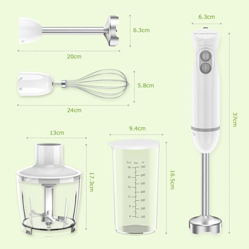 Bonsenkitchen Pürierstab, 1000W Edelstahl Elektrischer Stabmixer, 2 Geschwindigkeitsstufen, Stabmixer Set，mit Lebensmittelhacker, Messbecher und Schneebesen, für Babynahrung, Suppen, Smoothies, Weiß