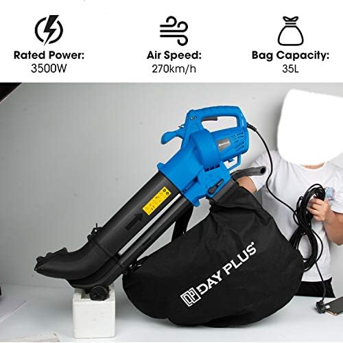 3 in 1 Leaf Blower, 3500W Garden Vacuum & Mulcher, Large 35 Litre Collection Bag, 10:1 Mulching Ratio, Variable Speed Settings 8000-15000 RPM – Anti-Vibration Damper