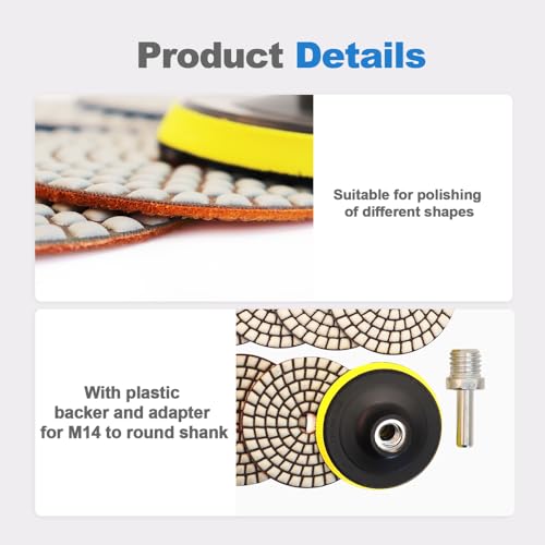 HIGHDRIL Trockene Diamant-Polierpads 9 Stück-7 Stücke Marmor Polierset Schleifpads #50/100/200/400/800/1500/3000+M14 Gewinde Stützteller+Adapter für Granit Marmor Kunststein Quarz für Winkelschleifer