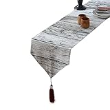 HUOLEO Camino de Mesa Cortijo, Moderno Grano de Madera Lino Doble Cara Manteles con Borla para Interior y Exterior Rústico Banquetes Decoracion de Mesa-Camino de Mesa-33X120cm(13X47in)