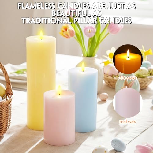 Image of Retisee 3 Pcs Easter 6 /8 /12 Inches Large Flameless LED Candles with Remote and 2 /4 /8 H Timer Yellow Pink and Blue Battery Operated Wax Flickering Candles for Spring Party Wedding Room Home Decor