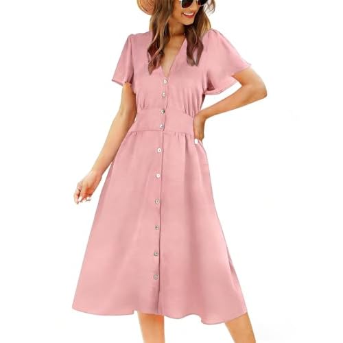 ROYLAMP Women's Floral Button Up Split Dress Deep V Short Bell Sleeve Casual Midi Dress with Pockets X-Large Dark Pink