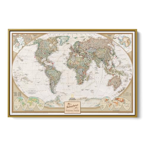 Image of Executive World Push Pin Map - National Geographic Antique Style Canvas Travel Tracker - Framed Wall Decor - Gold Float Frame - 24 inch x 36 inch
