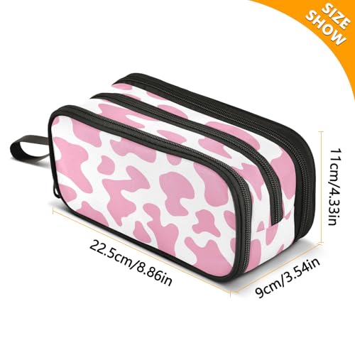 Image of Big Capacity Pencil Case Pink Cow Print Camo Camoflage 3 Compartment Pen Bag Pouch Holder Box For Office College School Portable Storage Bag for Kids