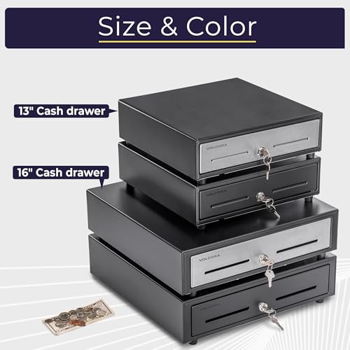 Image of Volcora 13 inch Cash Register Drawer for Point of Sale (POS) System, 4 Bill 5 Coin Cash Tray, Black and Stainless Steel Front Cash Drawers, Removable Coin Compartment, 12-24V, RJ11 /RJ12 Key-Lock