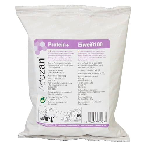 Adozan Eiweiß 100 | 99% Whey Isolate/Rind Protein Pulver auf 100g | Neutral, Ohne Zucker & Fett | Leicht Löslich, Geschmacksneutral Eiweißpulver für Diät, Bariatrische Ernährung & Regeneration | 300g