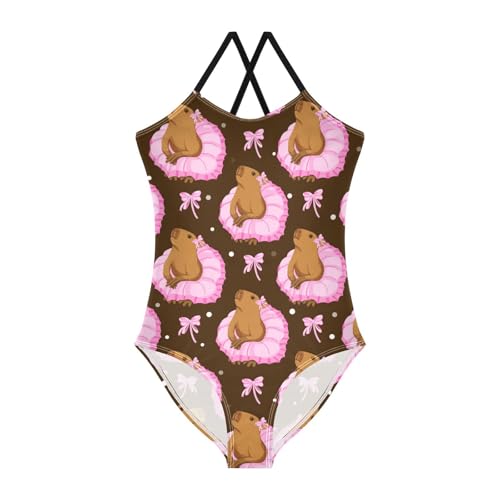 Capybara Pink Girls One Piece Swimsuits Skirt Ballerina Sport Halter Swimwear Beach Bathing Suit 5-6T