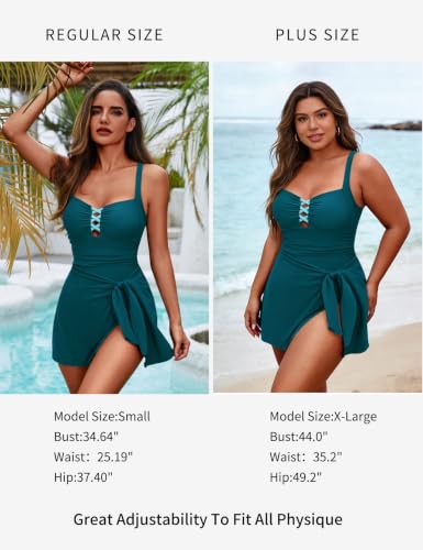 Image of Zilcremo Swim Dress for Women Tummy Control One Piece Swimsuit Wrap Swimdress Square Neck Skirted Bathing Suit Swimwear